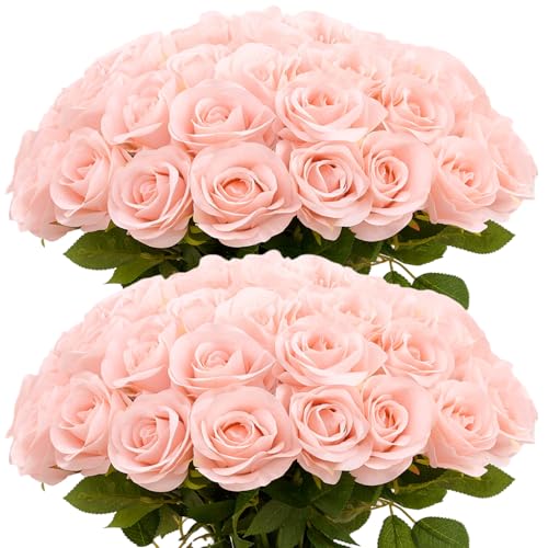 55 Pcs Blush Roses Artificial Flowers Bulk, Artificial Roses Fake Flowers with Adjustable Stems, Soft Foam Roses for DIY Wedding Bouquets, Bridal Shower Centerpieces, Home Party Decor - color: Blush