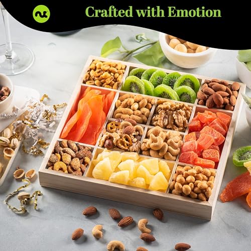 NUT CRAVINGS - Dried Fruit & Mixed Nuts Gift Basket in Reusable Wooden Tray + Ribbon (12 Assortments) Food Arrangement, Healthy Snack Care Package, Kosher - style: 6. Green Ribbon Dried Fruits & Nuts Wooden Tray
