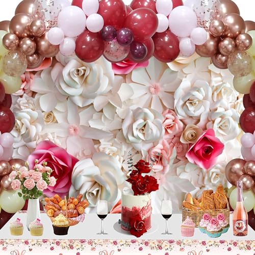 12x8ft Pink and White Paper Flowers Background Photography Backdrop Paper Flower Wall Gorgeous Wedding Flower Backdrops Beautiful Bride Baby Newborn Kids Background Props Portraits Booth - size: 12x8ft