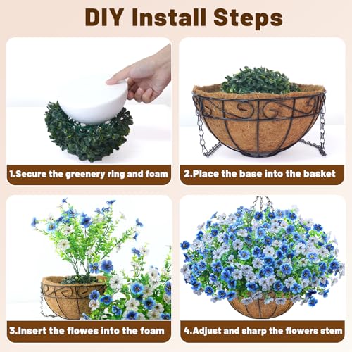 2 Pack Artfiticial Hanging Flowers Baskets for Outdoors, UV Resistant Faux Hanging Plants, 24 Pcs Fake Silk Flowers for Patio Garden Front Porch Balcony Decor (Blue White) - color: Blue White