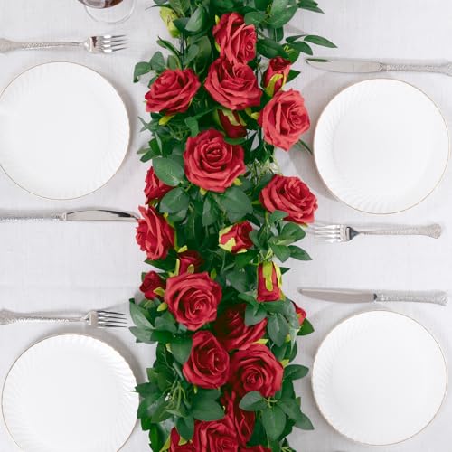 U'Artlines 5 Pack Artificial Red Rose Vines Floral Garlands Total 32.5 Ft Fake Vine Silk Flower Garland for Indoor Outdoor Home Wedding Arch Garden Wall Decoration - color: Red, size: Set of 5