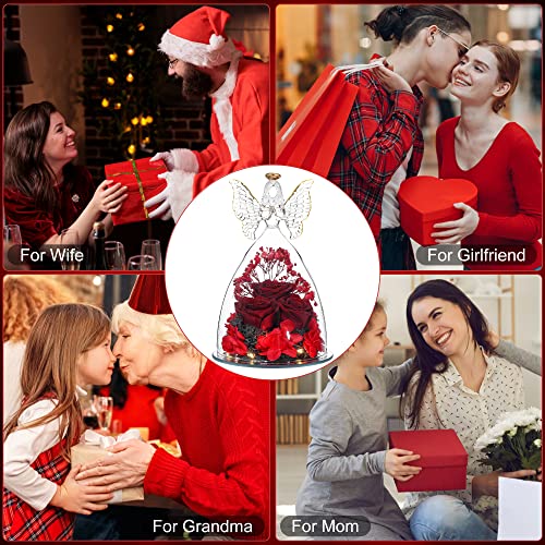 Mothers Day Rose Gifts Glass Angel Figurine with Three Roses Gifts, Preserved Forever Real Rose Gifts for Women, Angel Guardian with Rose for Mothers Day - Wine Red - color: Wine Red