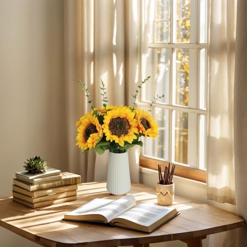 Artificial Flowers with Ceramic Vase, Silk Sunflower Fake Flowers in Vase for Home Office Decoration, 15'' Floral Arrangements for Dining Table Centerpiece, Bathroom, Wedding Decor