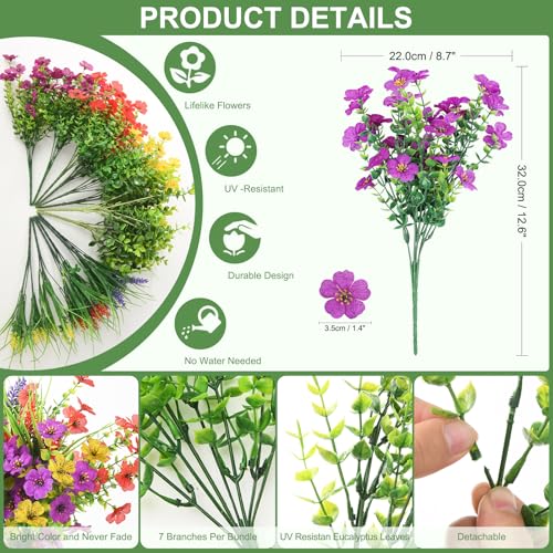 Artificial Flowers for Outdoors, 14 Bundles UV Resistant Fake Silk Flowers with Greenery Grass Lavendar Faux Plants Planter for Summer Decoration Porch Patio Yard Home Decor - color: Mixd Colors With Lavender Greenery Grass