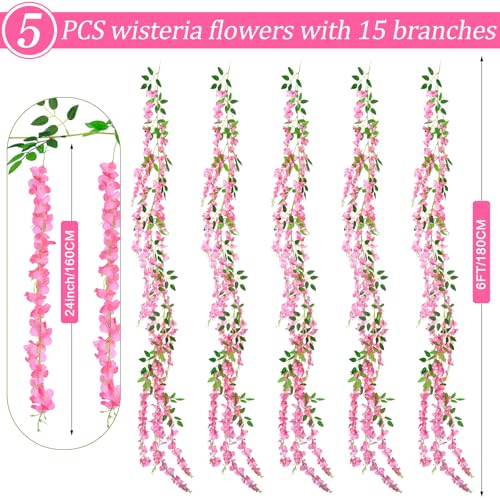 75 Branches Wisteria Hanging Flowers,5Pcs Total 30ft Pink Wisteria Artificial Flowers Garland Vine Silk Hanging Flowers for Wedding Party Arch Ceremony Garden Home Backdrop Decor - color: Pink, size: 5