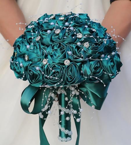 Ujicde Romantic Wedding Bouquet Bridal Bridesmaid Round Bling Brooch Bouquet Throw Toss Artificial Rose Flower Bunch with Sparkle Rhinestone Crystal Decoration(Dark Green,Dia. 6.3"*16cm) - color: Dark Green, size: Dia. 6.3"*16cm