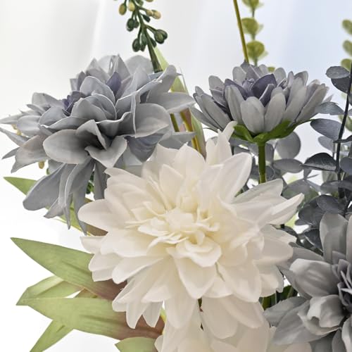 LADADA Blue and White Artificial Dahlias in A Glass Vase | Mixed Silk Fake Eucalyptus Floral Bouquet, Blue White Artificial Dahlia Arrangement Kit,Farmhouse Dining Table Table Decor - color: Blue+gray