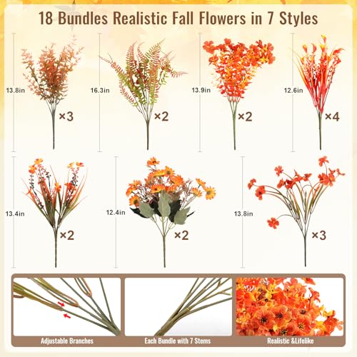 18 Bundles Artificial Fall Flowers for Outdoor Decor - UV Resistant Fake Mums Daisy & Faux Eucalyptus Plants for Indoor，Outdoor Autumn Decorations, Porch, Garden, Fireplace, Thanksgiving Window Box - color: Fall a
