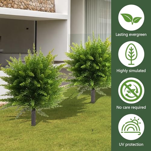 23.6" Artificial Cypress Topiary Tree with Ground Spike, Set of 2 Faux Cedar Bushes, Fake Evergreen Tree for Porch, Artificial Shrub Bushes Outdoor Indoor