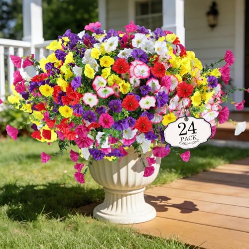 Alotiki 24 Bundles Artificial Flowers for Outdoors Decoration,Faux UV Resistant Morning Glory Flowers with Eucalyptus Leaves,for Porch Outside Indoor Yard Home Patio Decor(24, Multiple Color) - color: Eucalyptus Morning Glory, size: 24P