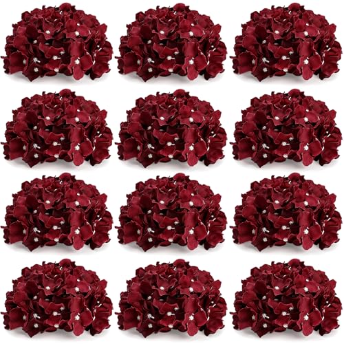 Hydrangea Flower Balls for Centerpieces - 12 PCS Artificial Floral Arrangement with Base, 8.27 Inch Diameter Fake Silk Kissing Ball for Wedding Table Home Party Decor - Burgundy - color: Burgundy-8 Inch-12 Pcs, size: Small Size