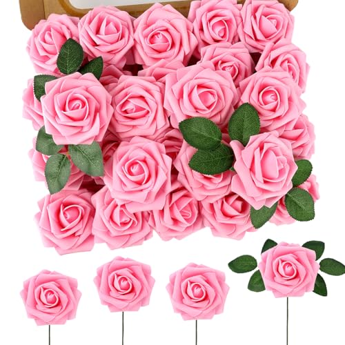 MACTING Pink Artificial Flower Roses 60PCS Real Touch Fake Flowers with Stem Foam Roses for DIY Wedding Bouquet Table Centerpieces Party Bridal Shower Birthday Home Spring Valentines Day Decorations - color: Pink, size: 60PCS