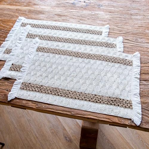 Niviy Boho Placemats Set of 6, 12x18 Inch Natural Cotton Burlap and Kitchen Woven Placemats with Tassels for Dining Table Centerpiece Thanksgiving Home Decorations - color: Beige & Brown, size: 12" x 18", Set of 6