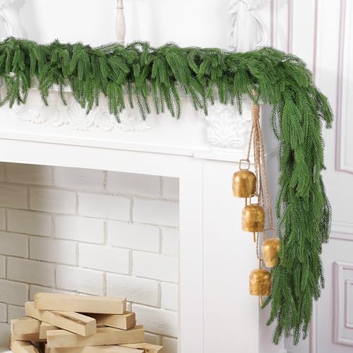 Hananona 2 Pcs 9 Ft Artificial Norfolk Pine Garlands, Real Touch Winter Pine Garland, Green Artificial Greenery Garland for Table, Mantle, Wall, Indoor, Outdoor Christmas Decorations (2, 9 Ft) - size: 9 ft