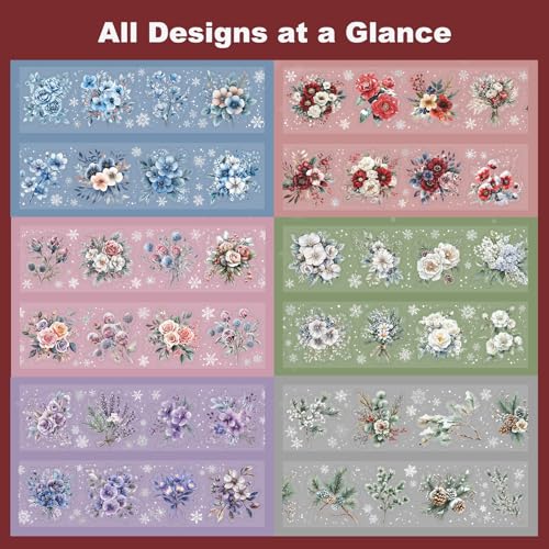 6-Roll Winter Floral PET Tape Set, Pre-Cut Transparent Waterproof Flower Sticker Rolls for Scrapbooking, Journals, Planners, DIY Crafts, Cards and Gift Wrapping - style: Winter Bloomscape