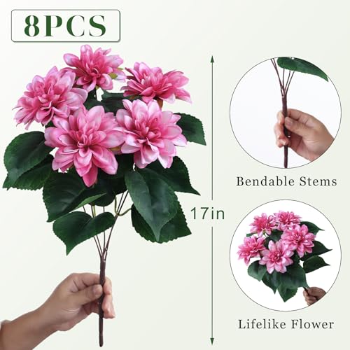 VIERENA 8 Bundles Artificial Dahlia Flowers for Outdoors Spring Summer Decor, No Fade Silk Flower Faux Dahlias Plant Arrangement for Home Garden Balcony Farmhouse（Pink） - color: Pink