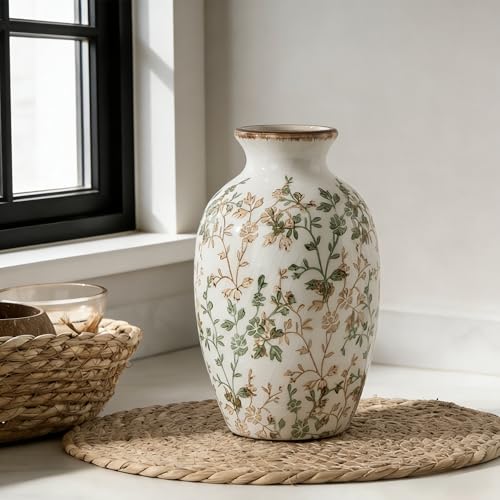 Green and Beige Antique Vase, 7.95" Vintage Chinoiserie Floral Vase, Modern Farmhouse Ceramic Vase for Home Decor, Living Room, Bookshelf, Office, Entryway, Garden, Chinoiserie Decor, Tuscan Decor - color: Green and Beige- 7.95"