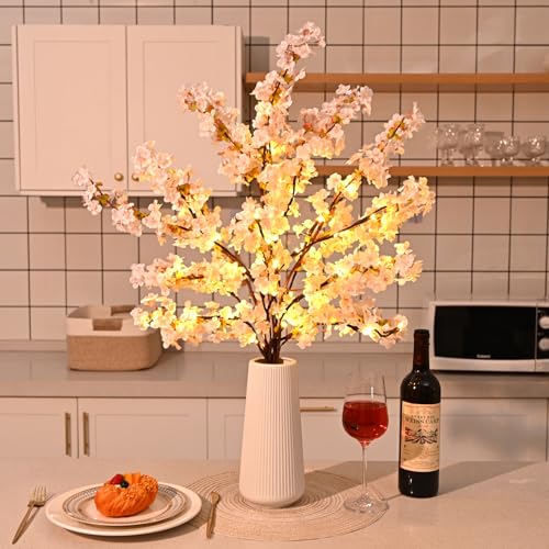 Sunm Boutique 3 PCS Silk Cherry Blossom Branches, Lighted Brown Twig Branches, Artificial White Cherry Blossom Flower, Cherry Blossom Stems Decor Faux Cherry Blossom Tree for Wedding Home Decor, 39' - color: White Cherry Blossom With Tree Led Light, size: