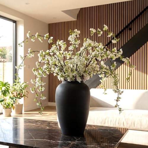 Zeyune 6 Pcs Artificial Cherry Blossom Branches with Green Buds 40", Spring Evergreen Faux Stem Plastic Plant Stem Picks Sprigs for Tall Vase DIY, Modern Home Table Wedding Indoor and Outdoor Decor - color: White, size: Blossom Style