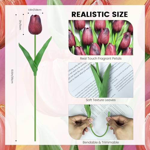 30 PCS Artificial Tulips Real Touch Tulips 13.5inch Long Stem Fake Flowers Silk Flowers for Spring Easter Mother's Day Decorations（Chocolate） - color: Chocolate
