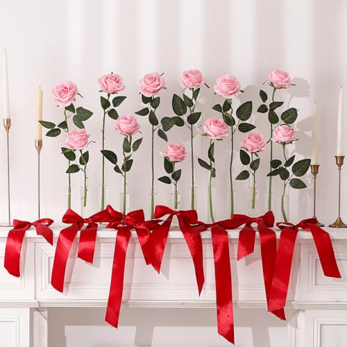 Pink Fake Roses Artificial Flowers - 10 Pcs Fake Artificial Roses Silk Flowers with Stems for Home Wedding Hotel Office Centerpiece Decor - color: Pink, size: 10 Pcs
