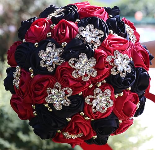 5.9" Mini Bridal Bouquet Handmade Satin Rose Round Wedding Bouquet Throw Toss Artificial Flower Bunch Ruby Red + Black - color: 809a Ruby Red/Black, size: 5.9"/15cm