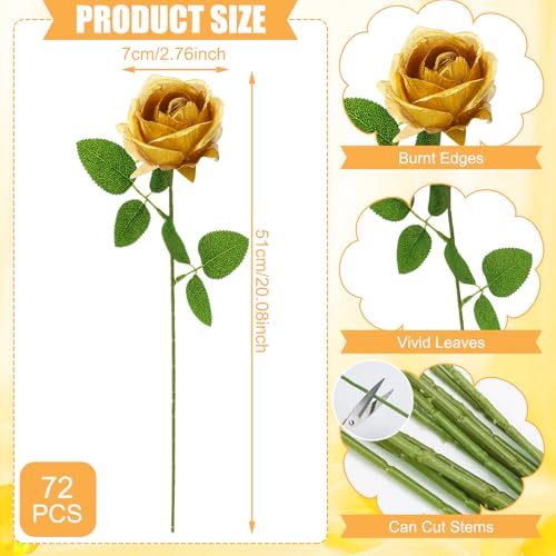 72 Pcs Artificial Roses Gold Fake Silk Roses Realistic Roses Faux Flower Indoor Wedding Home Decor, Birthday Decorations - color: Gold