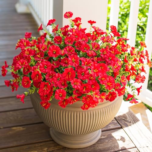 HyeFlora Artificial Flowers for Outdoors Fake Plants Outside Decoration, 12 Bundles Silk Red Morning Glory UV Resistant Look Real Faux Flowers for Planter Front Door Porch Patio Yard Gardens Balcony - color: Red