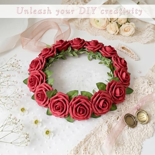 16 Pcs Fake Dark Red Roses Artificial Flowers | Dark Red Foam Roses with Stems, Artificial Flowers for DIY Wedding Bouquets, Centerpieces, Party, Home Decor - color: Dark Red
