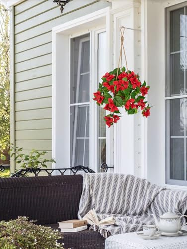 Briful Fake Hanging Basket Flowers, 27.5in Faux Red Bougainvillea Flowers in Woven Rattan Planter with Cascading Vines for Home Garden Balcony Outdoor Porch Decor - color: Red