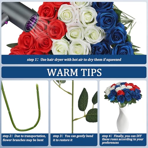 30pcs Fake Roses Artificial Silk Flowers Long Stems Bouquet for Wedding Bridal Shower Party Home Decoration (Red,White,Blue) - color: Red,white,blue
