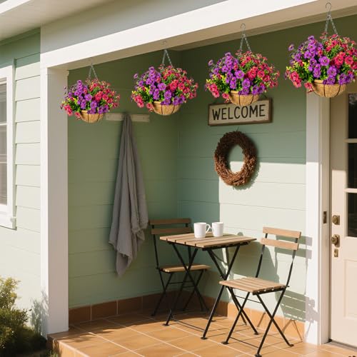 Artificial Hanging Flowers for Outdoors with Basket,UV Resistant Realistic Faux Hanging Plants Outdoor Artificial Flowers for Outdoors Basket for Yard Porch Patio,12 Bundles(Fuchsia,Rose red) - color: Fuchsia+rose Red