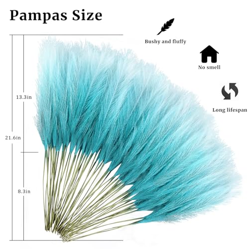 TORONTOKYO Light Blue Pampas Grass Decor, 50Pcs 21.6 inch Artificial Short Faux Pompas Grass, Boho Neutral Home Decor Bouquet for Floor Vase, Wedding, Party, Farmhouse, Bedroom Decor (Sky Blue) - color: Sky Blue, size: 21.6inch-50Pcs