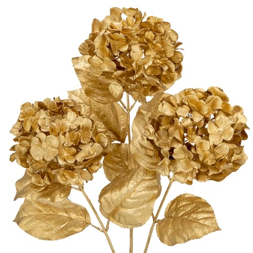 Hollyone 3Pcs Christmas Flowers Gold Artificial Hydrangea Flowers 26.8inch Fake Hydrangea Flower Floral Arrangements Bouquets Xmas Faux Hydrangea Stems Wedding Party Centerpieces Christmas Home Decor - color: Gold - Hydrangea