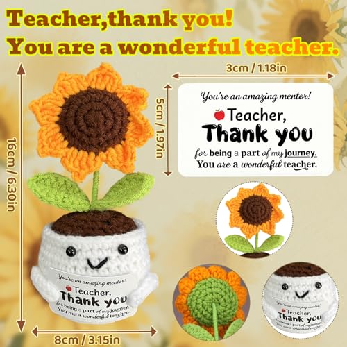 Teacher Appreciation Gifts - Handmade Crochet Sunflower in Smiling Pot with Thank You Card, Positive Desk Decor, End of Year Birthday Gift for Mentor Coworker Women - color: Thank You Teacher