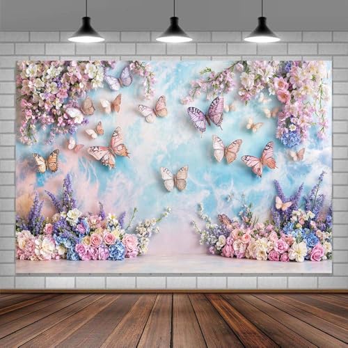 Purple Butterfly Floral Backdrop Elegant Flowers Photography Background for Girls Princess Butterfly Theme Birthday Baby Shower Events Party Decor Table Cake Photo Backdrops Photo Booth Prop - color: Purple, size: 5X3FT