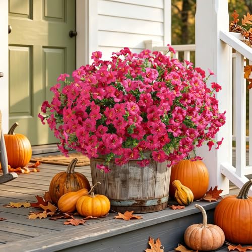 Artificial Flowers for Outdoors Fake Plants Outside Decoration, 20 Bundles Fuchsia Silk Petunia with Eucalyptus UV Resistant Realistic Faux Flowers for Outdoor Planters Garden Balcony Yard Porch Patio - color: Fuchsia