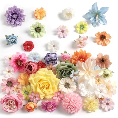 rongflower Fake Flower Heads for Crafts - Multi Silk Artificial Roses, Peonies, Daisies & Mini Floral Heads Bulk (48-Pack) for Wedding Decor, Graduation Cap, Cake Topper, Baby Shower, Home Decoration - color: Multi Color