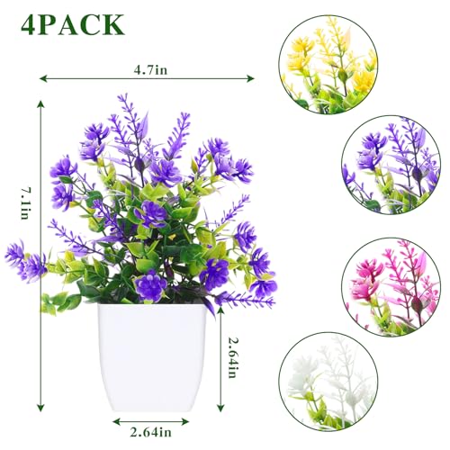 CEWOR Fake Flowers 4 Packs Faux Potted Flower Lavender with Eucalyptus Flowers Small Decorations for Spring Desk Bathroom Office Home Room Table Decor Indoor Outdoor - color: Purple Fuchsias Yellow White