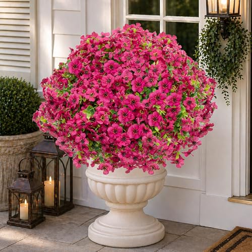 AXYLEX Artificial Flowers for Outdoors, 16 Bundles Fake Plants (Red) | UV resistant faux plastic flowers, no fade artificial greenery – garden, patio, porch & home - color: Red