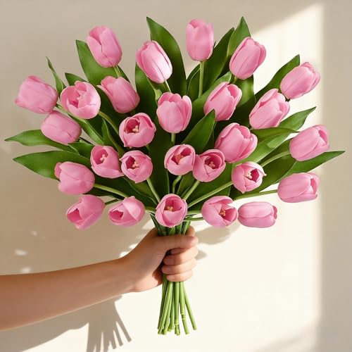 Livole 12Pcs Pink Tulips Artificial Flowers Fake Faux Tulip Flower | Real Touch, Soft Material, 14 Inch, Bendable Stems, for Arrangement Wedding Spring Home Decor Floral Party Centerpiece - color: Pink