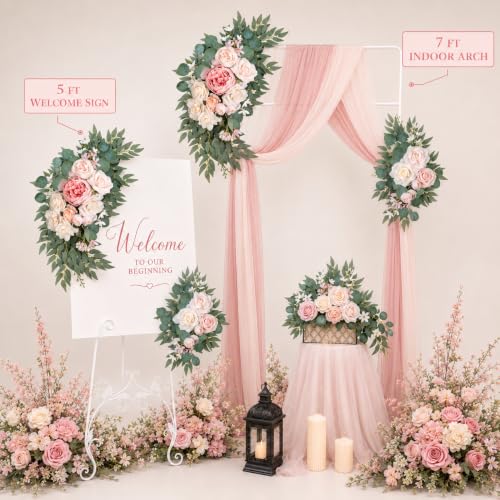 AitnWoy Artificial Wedding Arch Flowers Kit 2 PCS Dust Rose Flowers Silk Peony Floral Swag Welcome Sign for Wedding Ceremony Party Home Garland Decor - color: Pink, size: 28" + 11"
