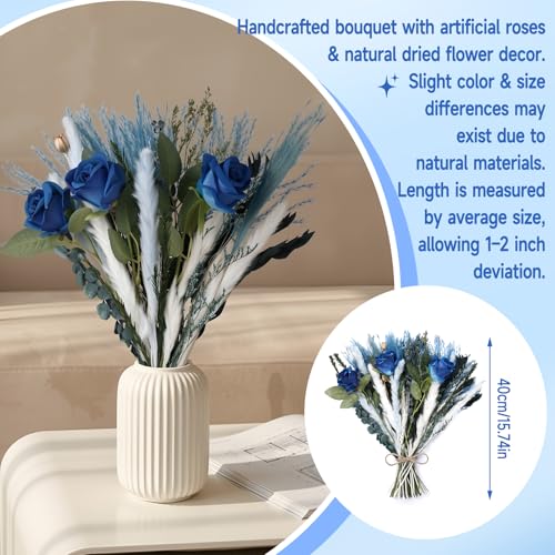 Boho Decor Bouquet Blue Pampas Grass Dried Flowers and Artificial Flowers for Home Office Wedding Centerpieces Vases