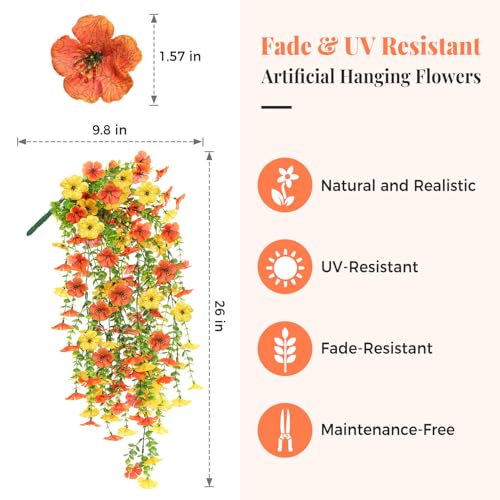 2PCS Artificial Hanging Fall Flowers for Outdoors Decorations, Orange Yellow Realistic Silk Daisy with Eucalyptus, UV Resistant Faux Mums for Home Decor Patio Garden Planters Yard Balcony - color: Yellow + Orange&2pcs Hanging