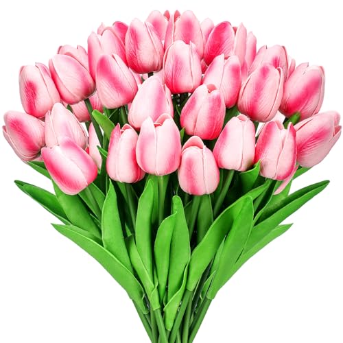 Lyrow 30 Pcs Tulips Artificial Bouquet Flowers Faux Tulips for Home Kitchen Wedding Decorations,Gift Idea for Easter Decor Mother's Day Birthdays(Rose Red) - color: Rose Red