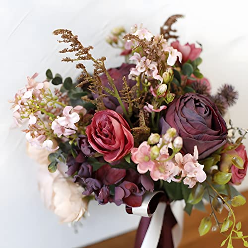 Artificial Wedding Bouquet for Brides Bridesmaid Holding Flower with Greenery Artificial Fabric Rose Wedding Flower Bridal Toss (Vintage Rose) - color: Vintage Rose