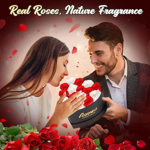 ADDWel Preserved Real Red and White Roses Bouquet for Her Anniversary, Mothers Day Flower Gifts for Women, 16-Pieces Eternal Roses that Lasts for 3 Years in Heart-Shape Box for Wife Girlfriend Mom - color: Red & White - 16 Roses