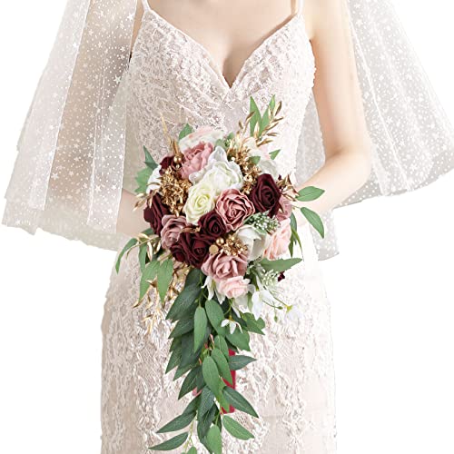 9 Inch Artificial Wedding Bouquets for Bride Bridal Bouquet Bridesmaid Bouquet Tossing Bouquet for Wedding Ceremony Anniversary Bridal Shower(Marsala & Blush) - color: Marsala & Blush