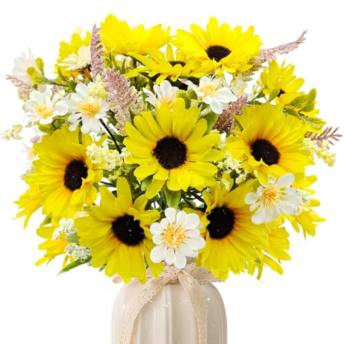 5 Bunches Artificial Sunflowers Bouquets, Fake Silk Sunflower with Faux Daisy Wildflowers Plants for Home Decor Indoor Floral Arrangements Table Centerpiece Bridal Wedding Decor (Yellow) - color: Yellow