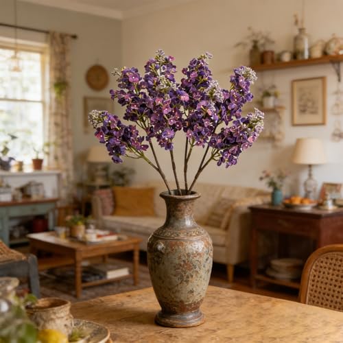 4PCS 25.6inch Lilac Artificial Flowers Deep Purple Fake Delphinium Long Stem Silk Real Touch Flower Faux Lilac Floral Arrangement for Tall Vase Table Wedding Garden Home Decoration（Deep Purple） - color: 25.6inch Deep Purple